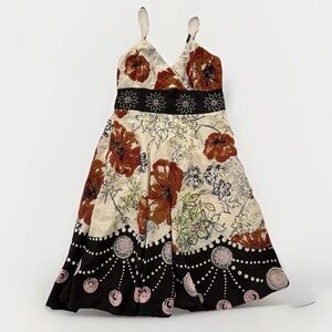 Boho Embroidered Midi Dress Women’s small Cotton Adjustable Straps Elastic back